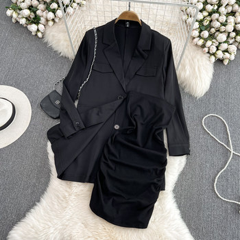 Retro temperament mid-length suit jacket two-piece female hot girl tube top pleated slim fit and slim hip dress