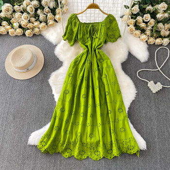 French Resort Style Crochet Hollow-Out Off-Shoulder Short-Sleeve Dress for Women 2025 Summer Slimming Elegant Princess Long Dress