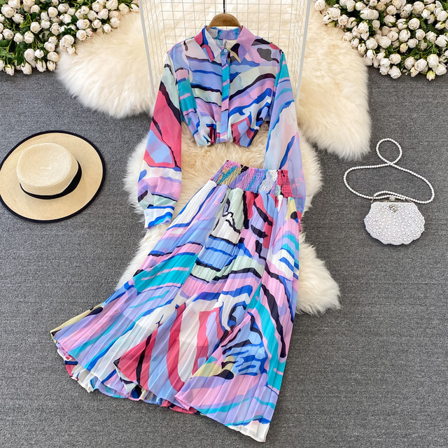 Casual fashion suit female light mature style celebrity long-sleeved printed chiffon shirt two-piece high waist pleated skirt