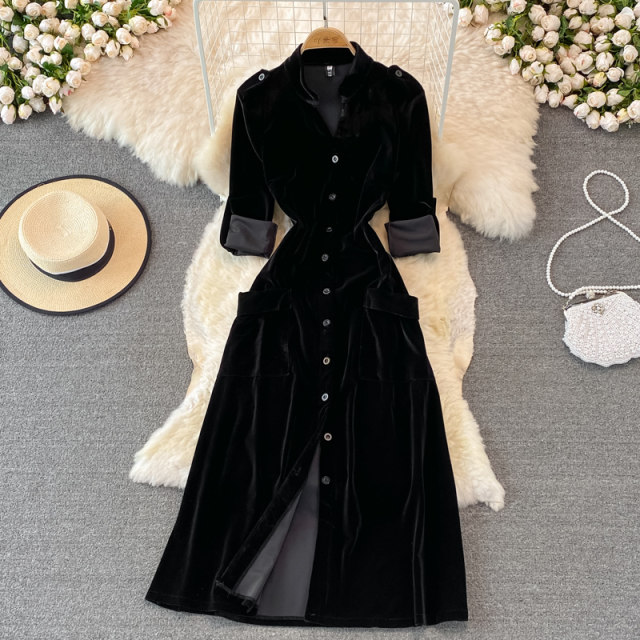 French retro waist slimming pocket single-breasted gold velvet cardigan dress 2021 autumn and winter fashion long skirt