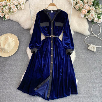 2022 autumn and winter high-end light luxury temperament V-neck contrast color waist and thin single-breasted a-line gold velvet dress