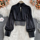 Autumn new Korean version stand collar chest hollow short hot diamond puff sleeve satin shirt female foreign style short top