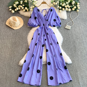 Korean Style Polka Dot V-Neck Puff Sleeve Jumpsuit for Women, Summer Elastic Waist Slimming Wide-Leg Pants