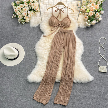 Seaside Holiday Suit Hollow Knit Halter Tube Top Top Female Hot Girl Vest Two Piece High Waist Casual Pants