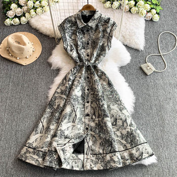 2025 New Women's High-End Elegant Dress with Lapel, Sleeveless, Waist-Cinching, Single-Breasted, Ink Painting Jacquard Long Dress
