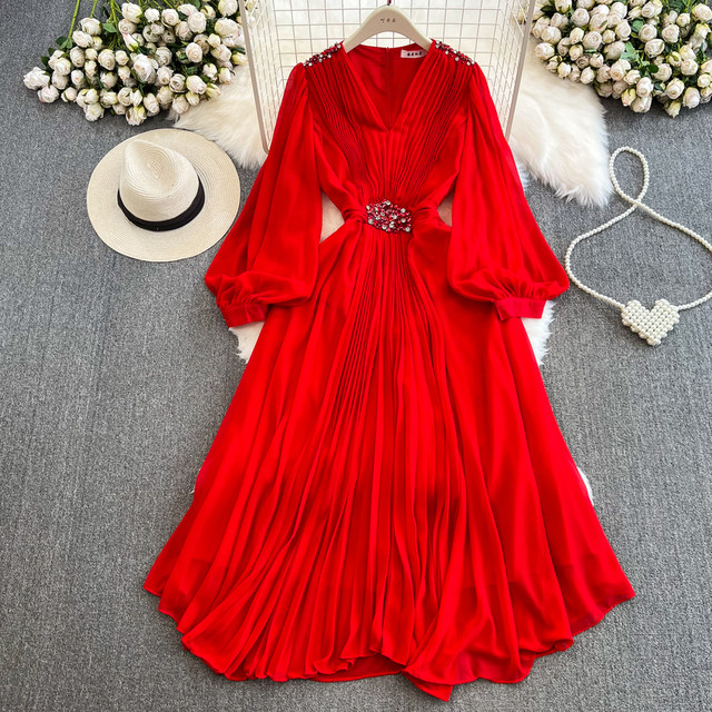 Beach vacation travel photo lantern long-sleeved V-neck waist slimming A-line chiffon pleated dress elegant long skirt