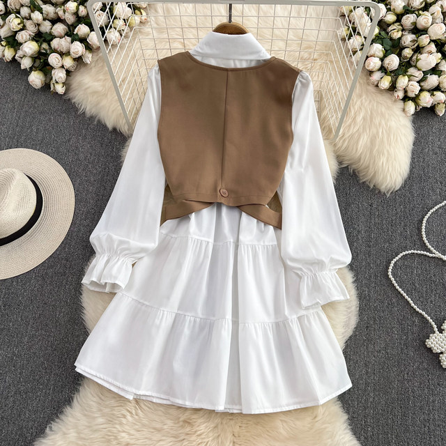 Spring and autumn new age-reducing design college style single-breasted shirt dress French retro Hepburn style with vest
