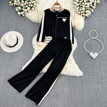 Sports Fashion Suit Women's Casual Stand Collar Knitted Cardigan Jacket Two-piece Set High Waist Straight Leg Wide Leg Trousers