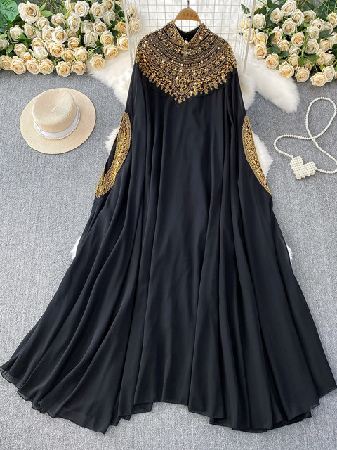 European and American style niche heavy industry embroidered beads and sequins long-sleeved dress women's summer loose and belly-covering long dress