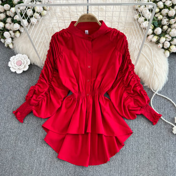 2023 autumn new style stand collar lantern sleeves loose irregular waist ruffled shirt women's western style long-sleeved top