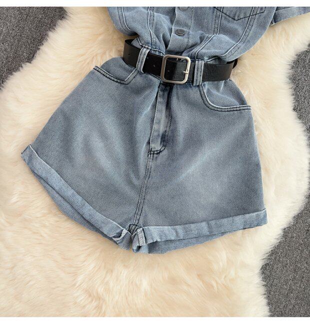 Боди/брюки 覆古港式单排扣翻领连衣裤高腰修身短袖牛仔连衣裤夏季