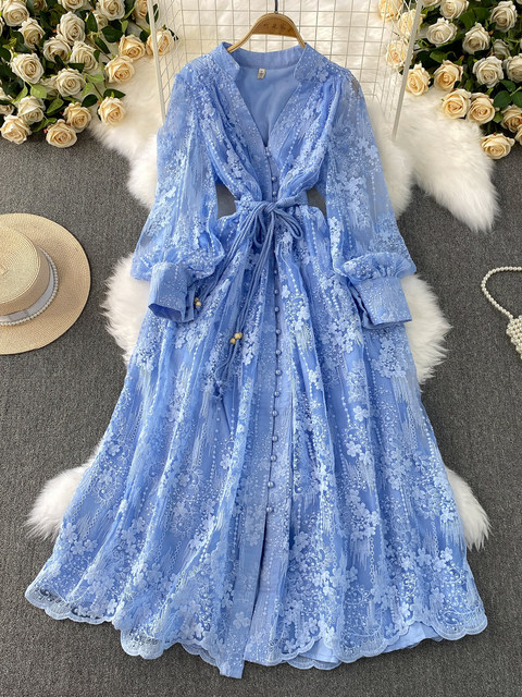 High-end authentic French high-end women's dress 2025 summer waist heavy embroidery V-neck lantern sleeve long dress