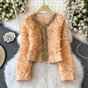 2025 New Style Three-Dimensional Floral Heavy Beading Short Jacket for Women, High-End Socialite Rhinestone Fashion Age-Reducing Lace Top