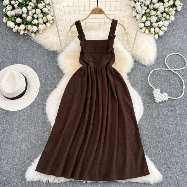 College style retro temperament slim waist sleeveless a-line suspender dress autumn and winter new sweet suspender dress