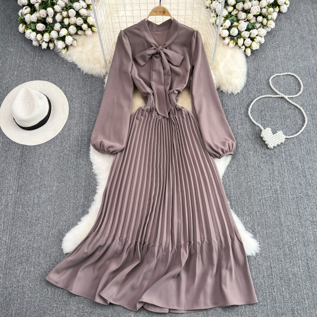 Gentle wind retro temperament bow tie bubble long sleeve waist a-line pleated dress elegant long skirt