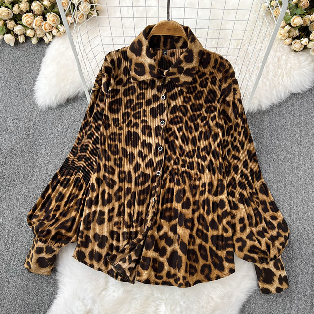 Fashion suit women's light and mature style lantern sleeves leopard print pleated shirt two-piece high waist wide-leg pants