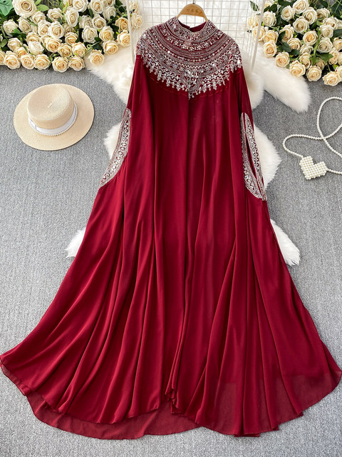 European and American style niche heavy industry embroidered beads and sequins long-sleeved dress women's summer loose and belly-covering long dress