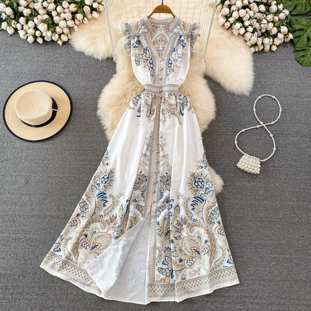 Retro court style temperament V-neck flying sleeve high waist single-breasted button printed A-line dress elegant big swing long skirt