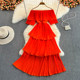 Summer one-word collar strapless sweet ruffled temperament cake dress seaside vacation beach skirt elegant long skirt