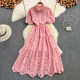 Spring and autumn Korean version of the high waist and thin puff sleeves doll collar dress elegant temperament holiday big swing long skirt