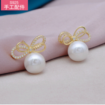 Seiko 925 Pure Silver Ear Nail Hollow Topearl Accessories Diy Handmade Material Butterfly Knot Inlaid Zircon Pendant Earrings