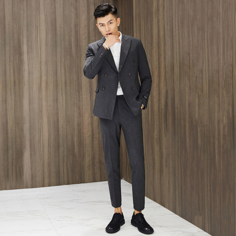 Fall sashimi Inlensey dress Double-row buttoned striped suit Three sets of male presenter hair stylist groom groom