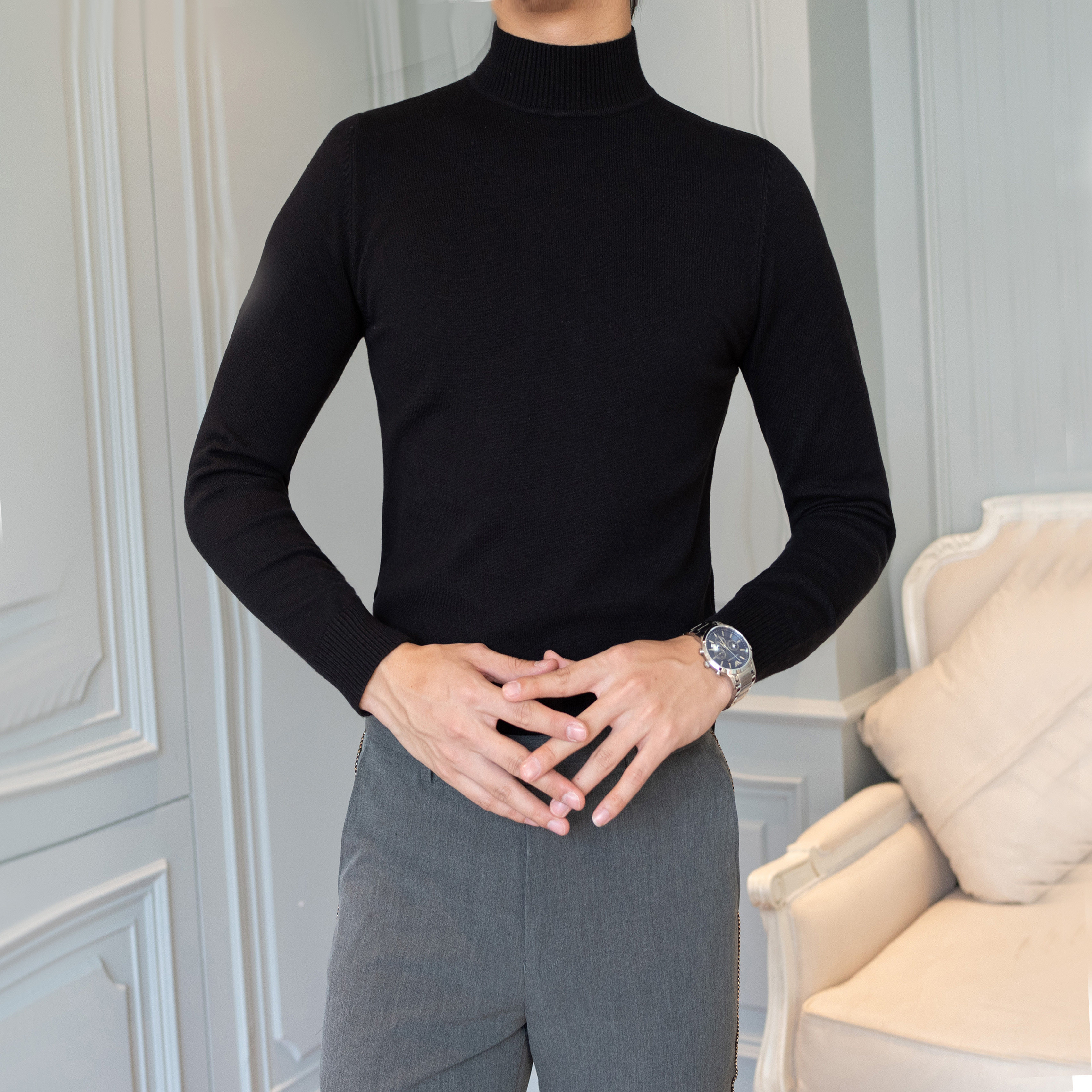 Semi-turtleneck sweater men's fashion teen slim solid color top knit braided warm basement sweater menswear