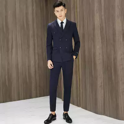 Double-breasted striped small suit suit suit Korean slim British suit male host hair stylist New Best Man dress
