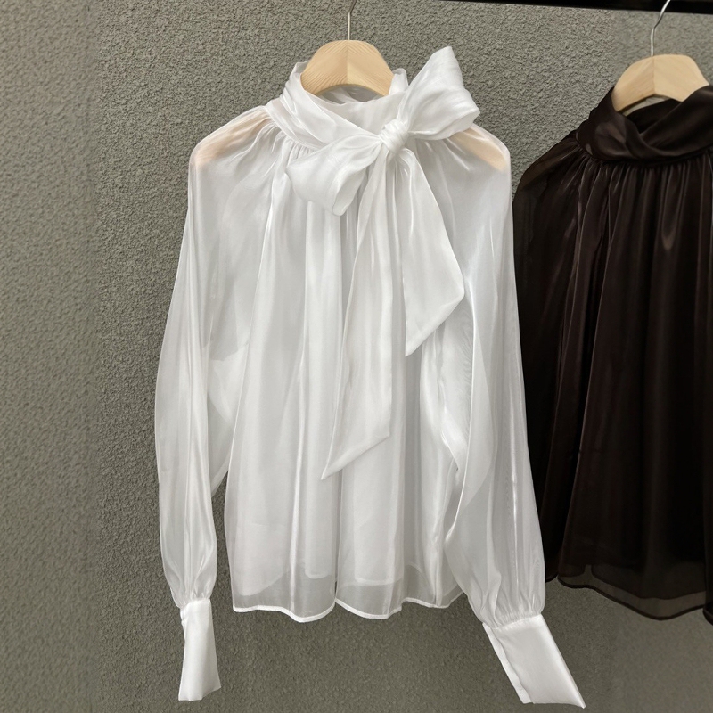 Korean Dongdaemun Spring and Autumn New French-Style Chic Stand-Up Collar Bow Blouse Fashionable Hot Girl Slightly Sheer Top for Women