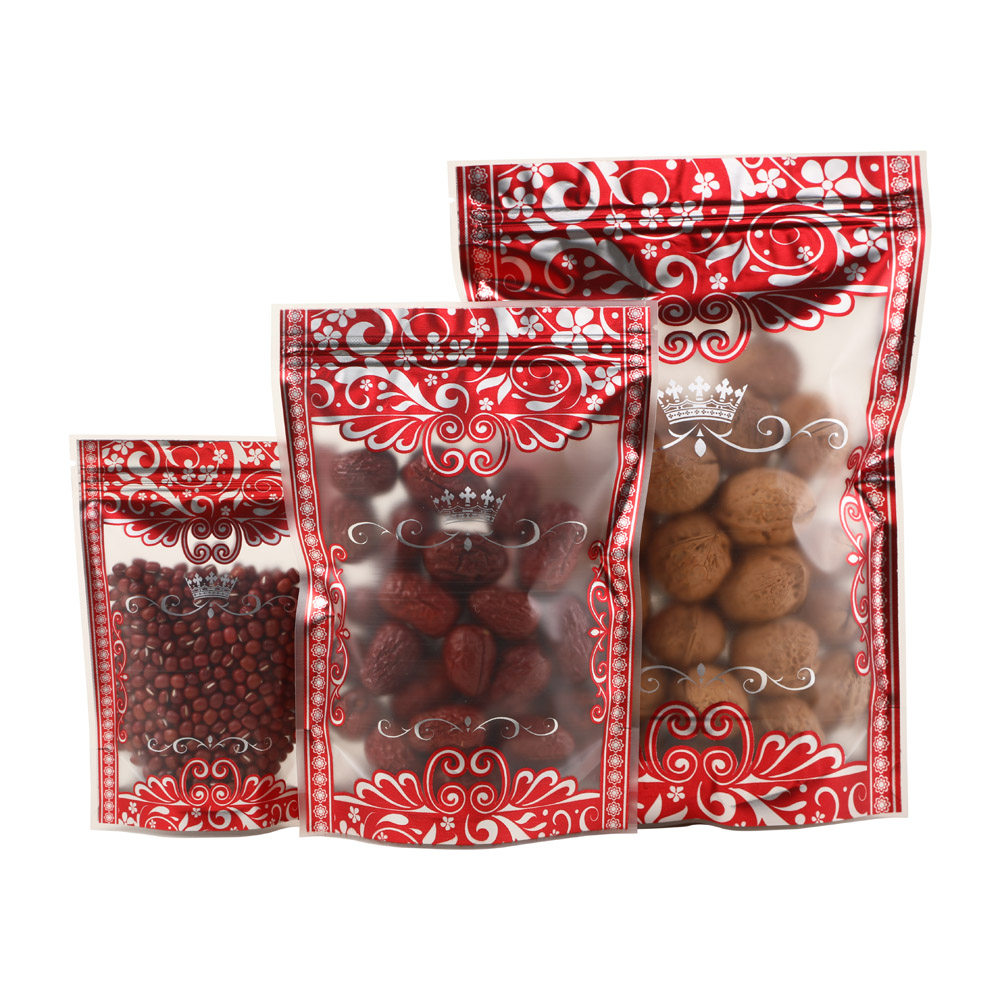 Frosted silver red printing transparent self-supporting self-sealing bag gift bag printing bag clothing zipper bag flower tea bag