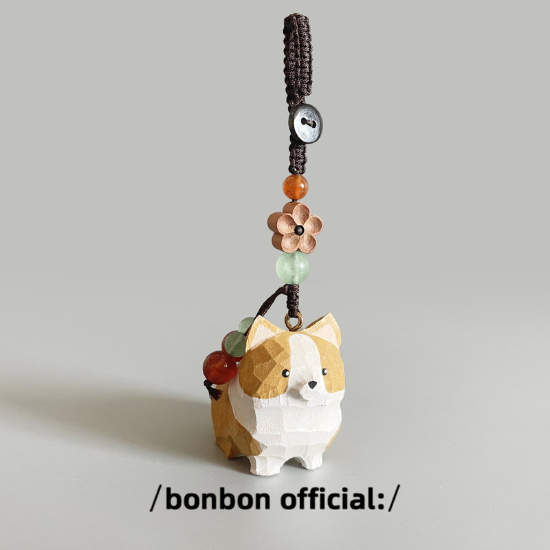 Hand-Carved Solid Wood Corgi Keychain, School Bag, Backpack, Car Key Pendant, Creative and Cute Birthday Gift