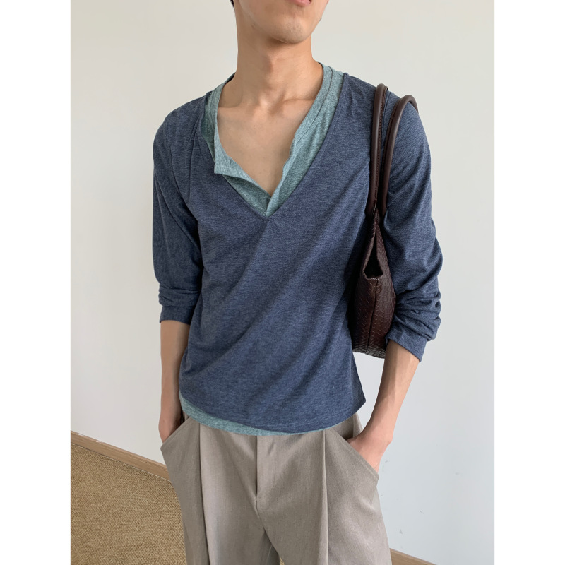 Mion Comfort Series Autumn Casual Lazy Two-In-One T-Shirt with Color Block Design V-Neck Long Sleeve Top for Men and Women