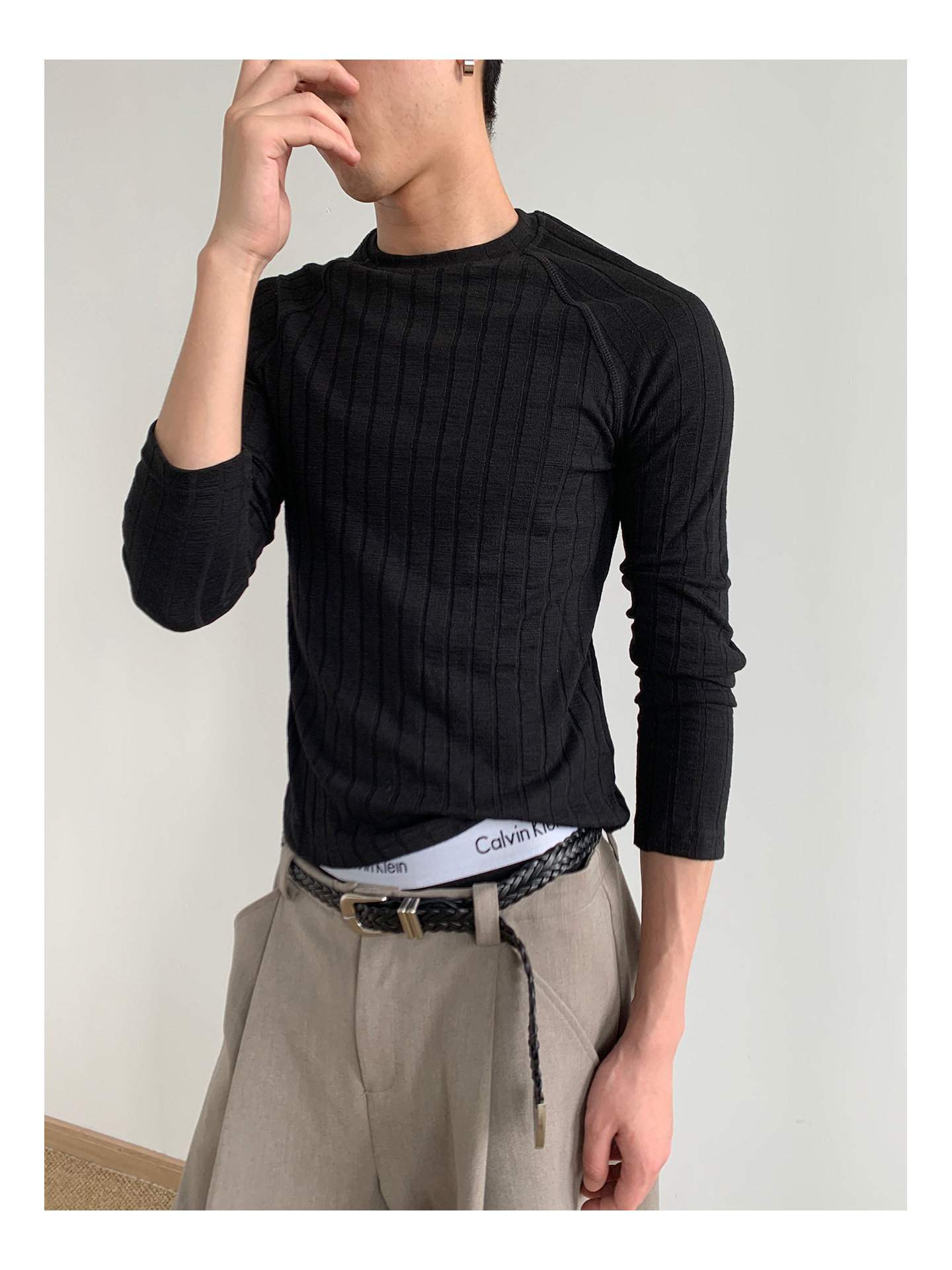 MION 280g Striped Ribbed Cropped Long-Sleeve Tee