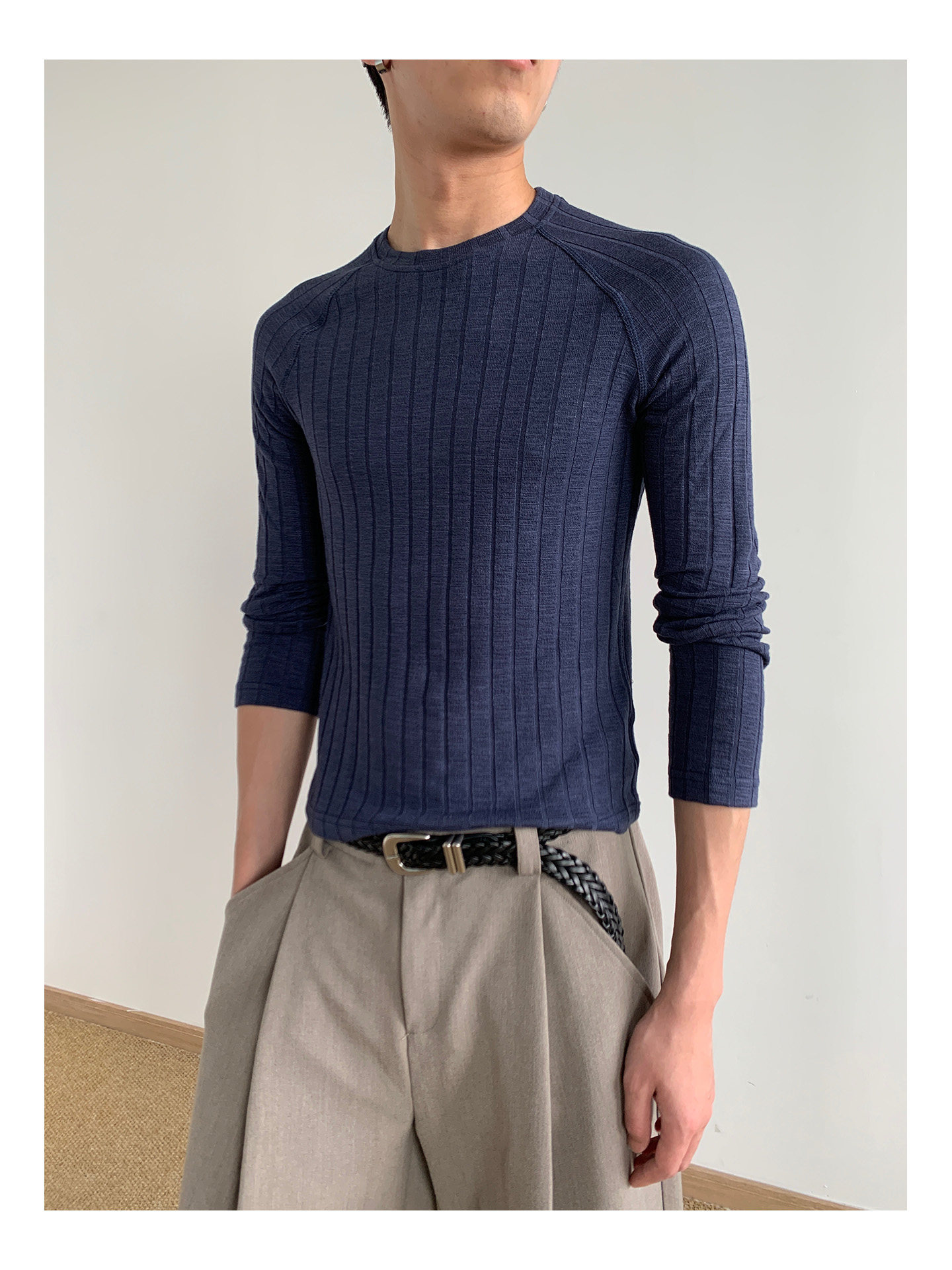 MION 280g Striped Ribbed Cropped Long-Sleeve Tee
