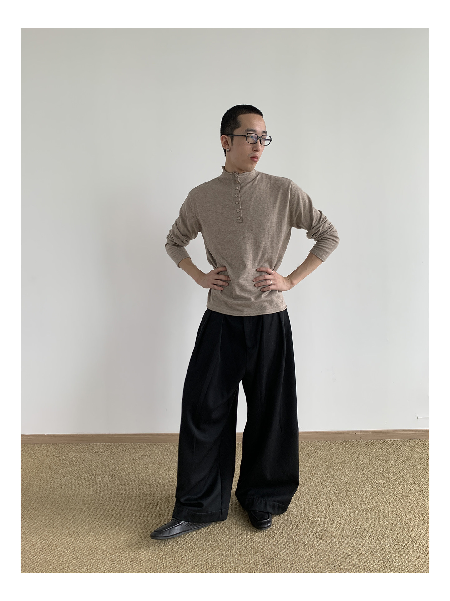 MION Wool-Blend Mock Neck Henley Tee