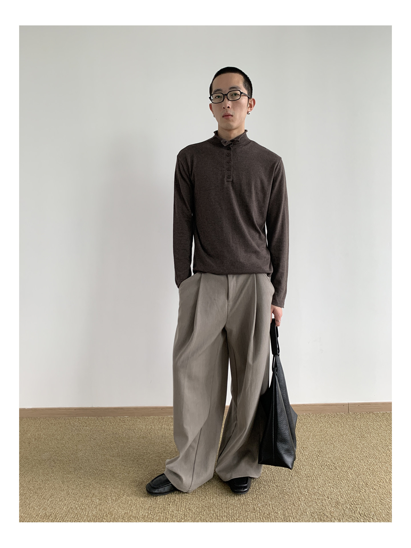 MION Wool-Blend Mock Neck Henley Tee
