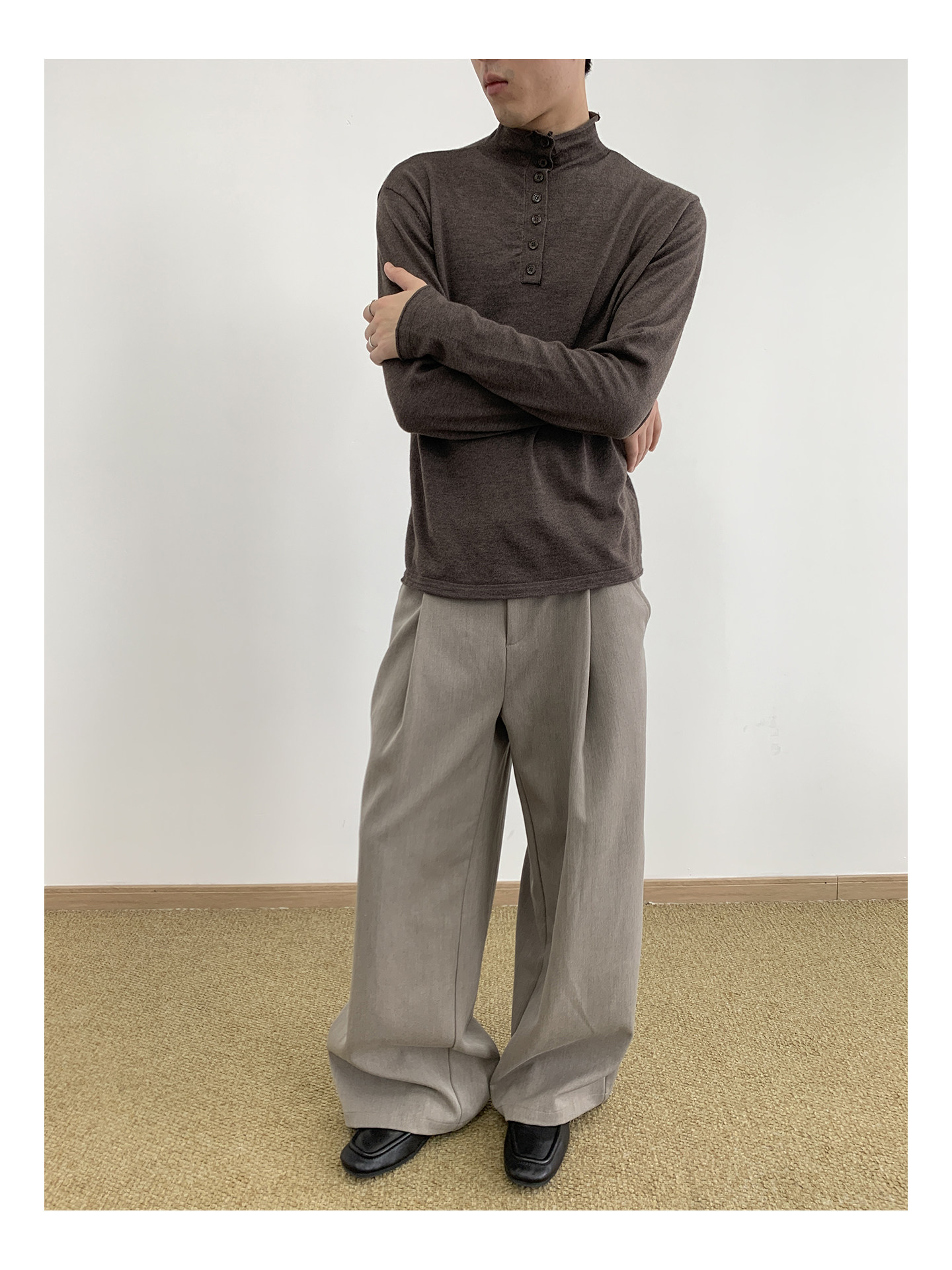 MION Wool-Blend Mock Neck Henley Tee