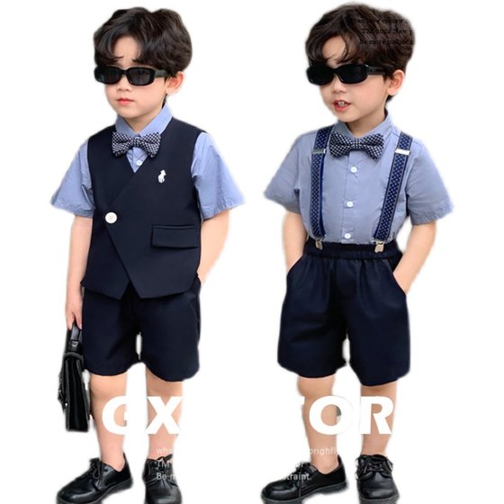 Children's dress suit, boy's suit, host 2024 new autumn British style suit straps, flower girl performance suit, handsome