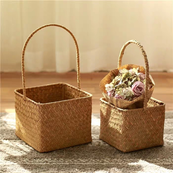 Yi white seagrass square basket flower basket bride handmate flower basket with high-end basket