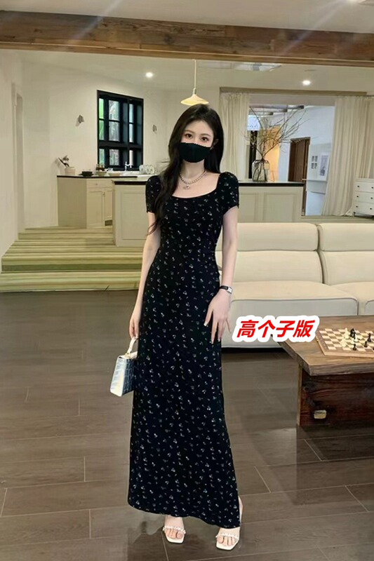Tall Women's Extended Black Floral Dress with Side Slit, Summer 175cm Pure Desire Slim Fit Ankle-Length Dress Tall Women's Extended Black Floral Dress with Side Slit, Summer 175cm Pure Desire Slim Fit Ankle-Length Dress