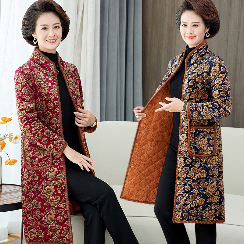 Mother's Padded Cotton Coat for Autumn and Winter, Middle-Aged and Elderly Women's Floral Cotton-Padded Jacket, Long Style for Tall People, Warm Cotton Coat, Over-The-Knee Length