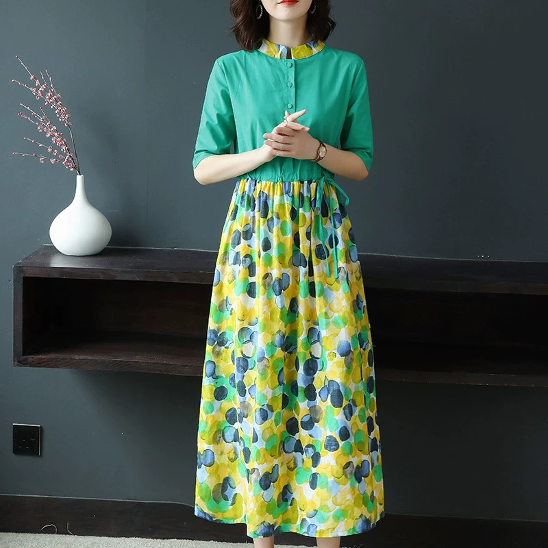 Mùa hè năm 2021 phong cách dân tộc mới của phụ nữ thời trang khí chất cotton và lanh váy văn học váy dài tay giữa eo - Váy dài