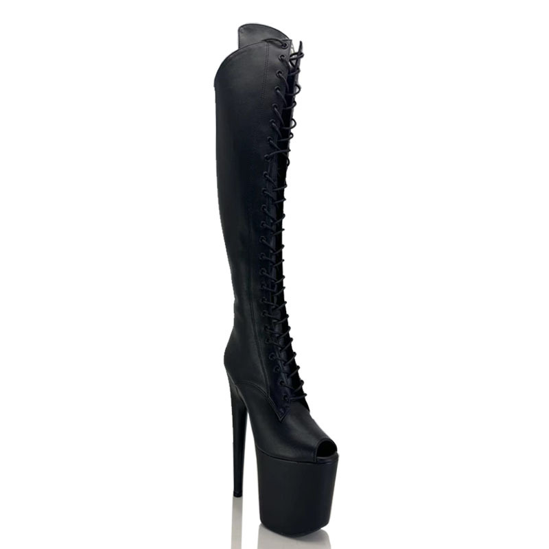 New 20cm Runway Over-The-Knee Boots High-Heeled Model Nightclub Ultra-High Heel Black Matte Small Peep-Toe Pole Dance Boots