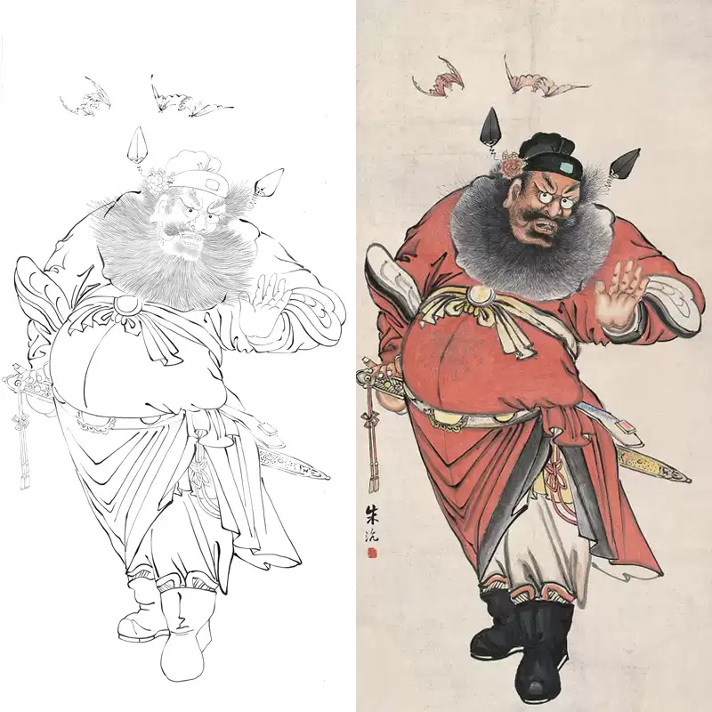 鍾馗工筆畫白描底稿傳統人物實物勾線打印稿勾線宣紙練習上色畫稿-淘寶
