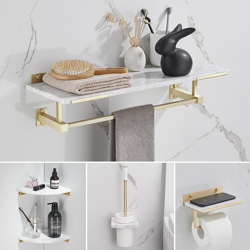 Nordic Bathroom Copper Brushed Gold Towel Rack Free Punch Towel Rack Light Luxury Bathroom Marble Shelf
