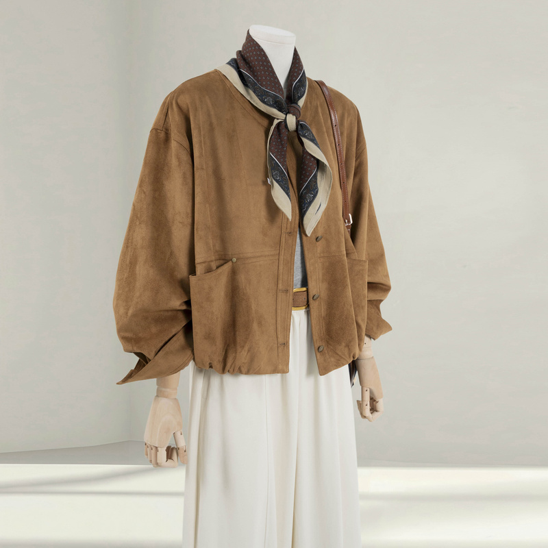 Korean Retro Style Silk Scarf Suede Short Jacket for Women 2026 Spring Petite Loose Versatile Jacket Short Top