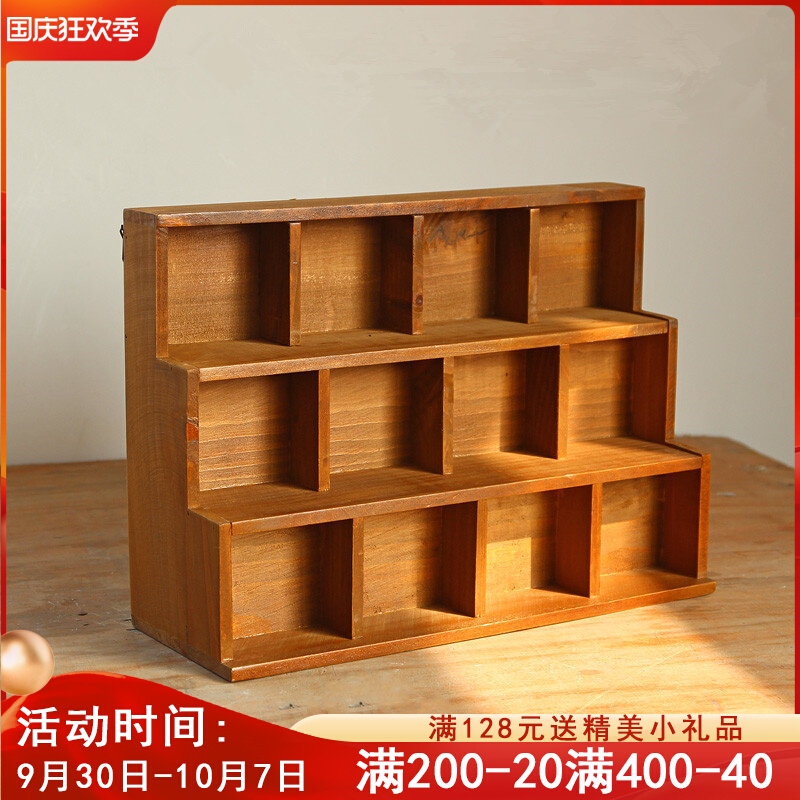 Zakka old wooden table top storage cabinet Creative ladder 12 compartment display cabinet home jewelry miscellaneous storage box