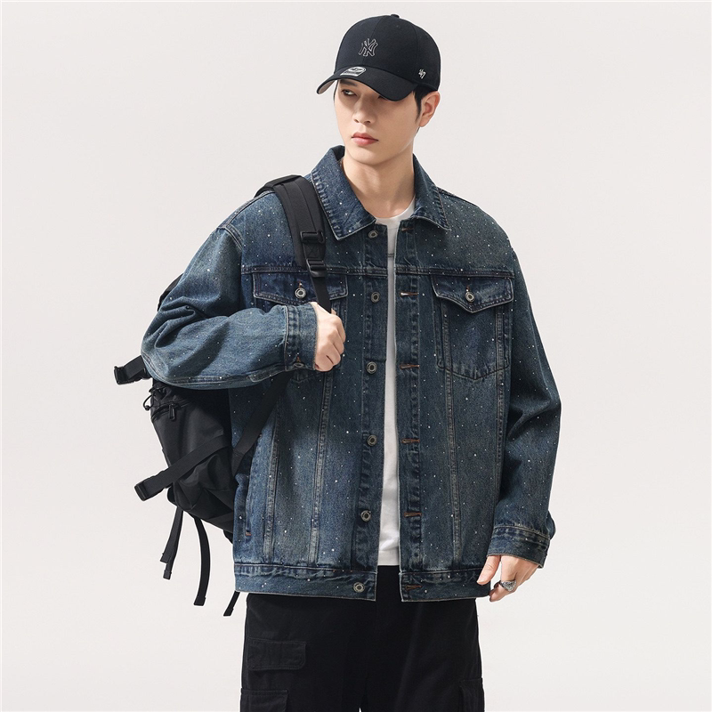 Hong Kong Trendy Brand Rhinestone Light Blue Denim Jacket for Men, Spring and Autumn 2026 New Style, Loose Workwear Jacket Hong Kong Trendy Brand Rhinestone Light Blue Denim Jacket for Men, Spring and Autumn 2026 New Style, Loose Workwear Jacket