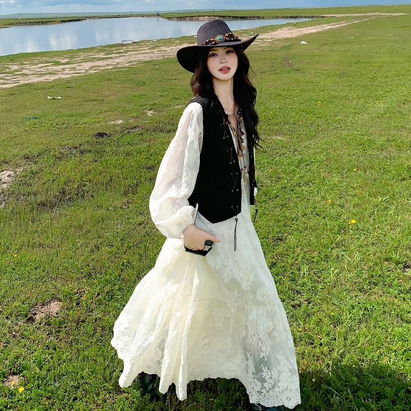 Bohemian Style White Lace Dress for Women 2026 Spring New Long-Sleeved Vest Two-Piece Set Elegant Long Dress
