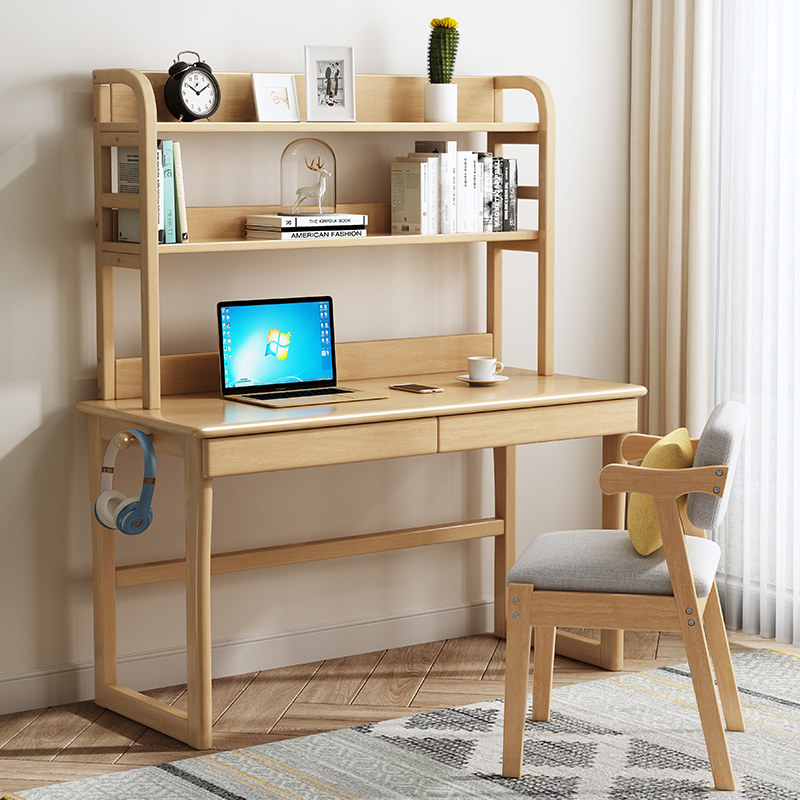 Solid wood double desk bookshelf combination integrated table minimalist home student laptop desktop desk small family type-Taobao
